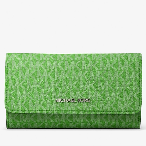 Michael Kors Jet Set Large Signature Logo TriFold Wallet Jungle Green (NWT) - Picture 1 of 9